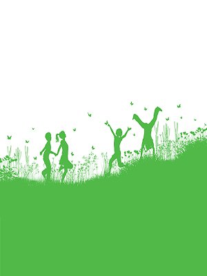 Silhouettes of children playing in grass and flowers